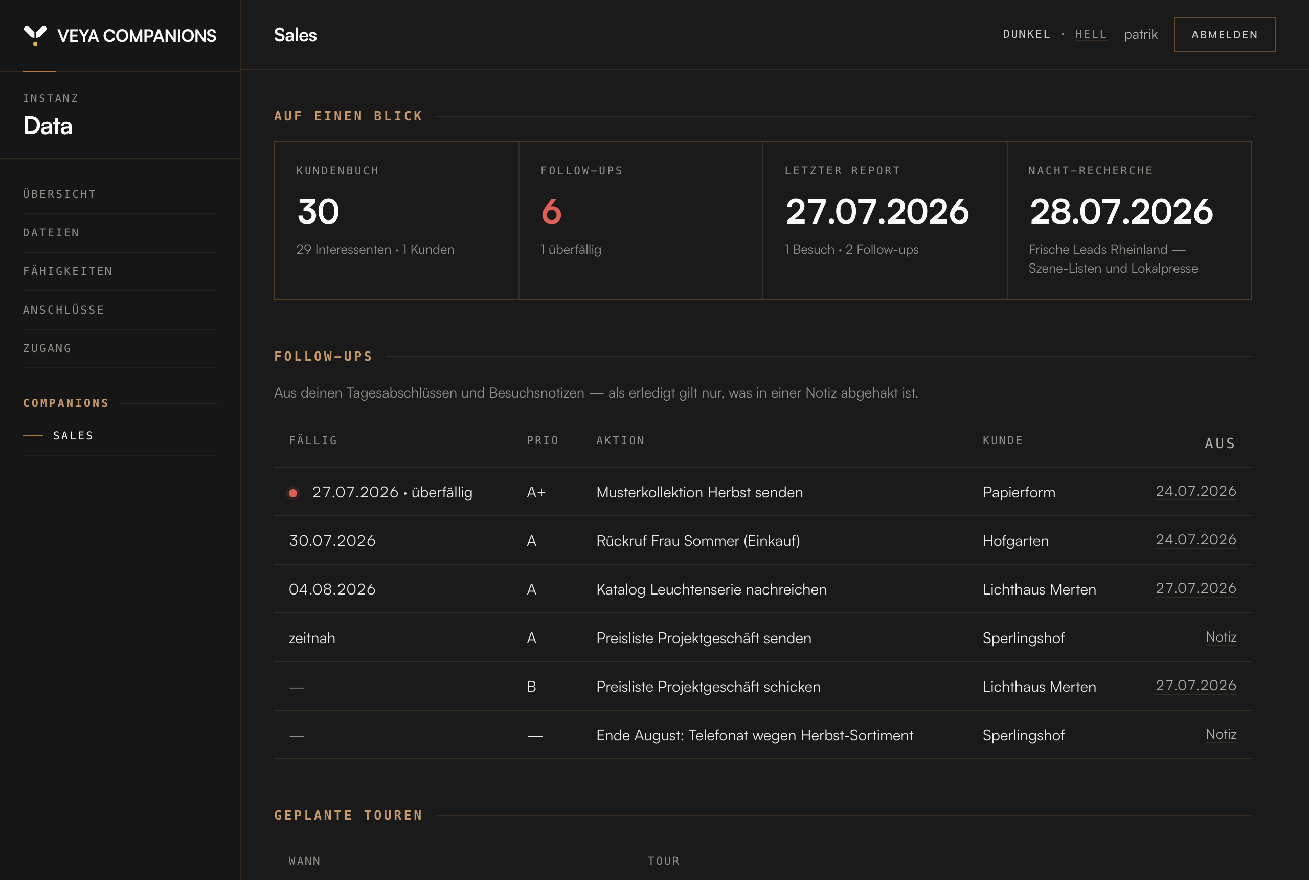 salesCOMPANION Dashboard im Browser: Tour, Nacht-Recherche und Field Report